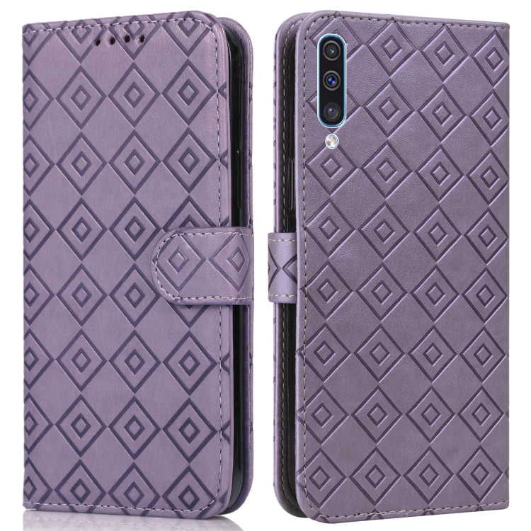 For Samsung Galaxy A30s / A50s / A50 Embossed Big Small Concentric Squares Pattern Horizontal Flip Leather Case with Card Slot & Holder & Wallet
