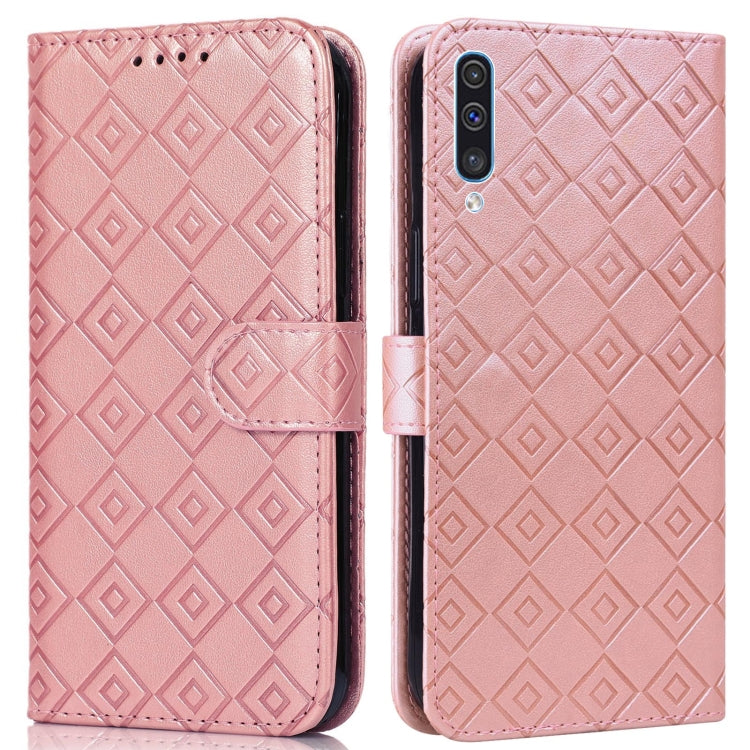 For Samsung Galaxy A30s / A50s / A50 Embossed Big Small Concentric Squares Pattern Horizontal Flip Leather Case with Card Slot & Holder & Wallet