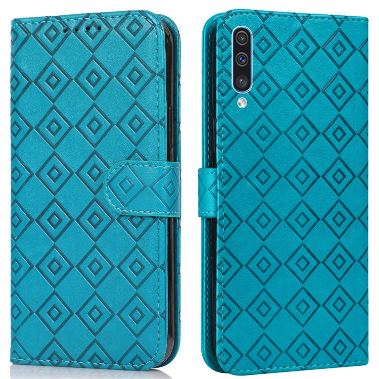 For Samsung Galaxy A30s / A50s / A50 Embossed Big Small Concentric Squares Pattern Horizontal Flip Leather Case with Card Slot & Holder & Wallet