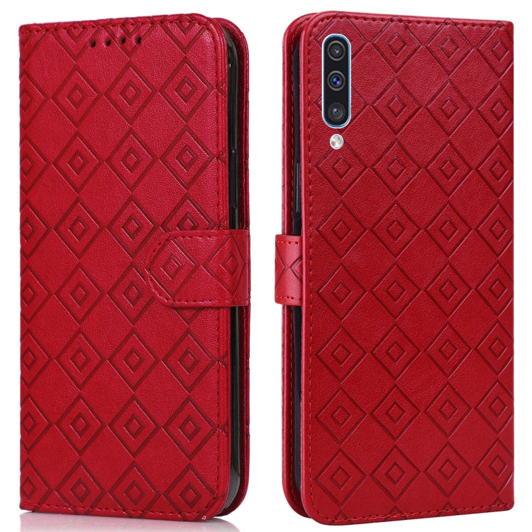 For Samsung Galaxy A30s / A50s / A50 Embossed Big Small Concentric Squares Pattern Horizontal Flip Leather Case with Card Slot & Holder & Wallet