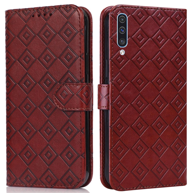 For Samsung Galaxy A30s / A50s / A50 Embossed Big Small Concentric Squares Pattern Horizontal Flip Leather Case with Card Slot & Holder & Wallet