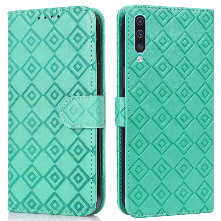 For Samsung Galaxy A30s / A50s / A50 Embossed Big Small Concentric Squares Pattern Horizontal Flip Leather Case with Card Slot & Holder & Wallet