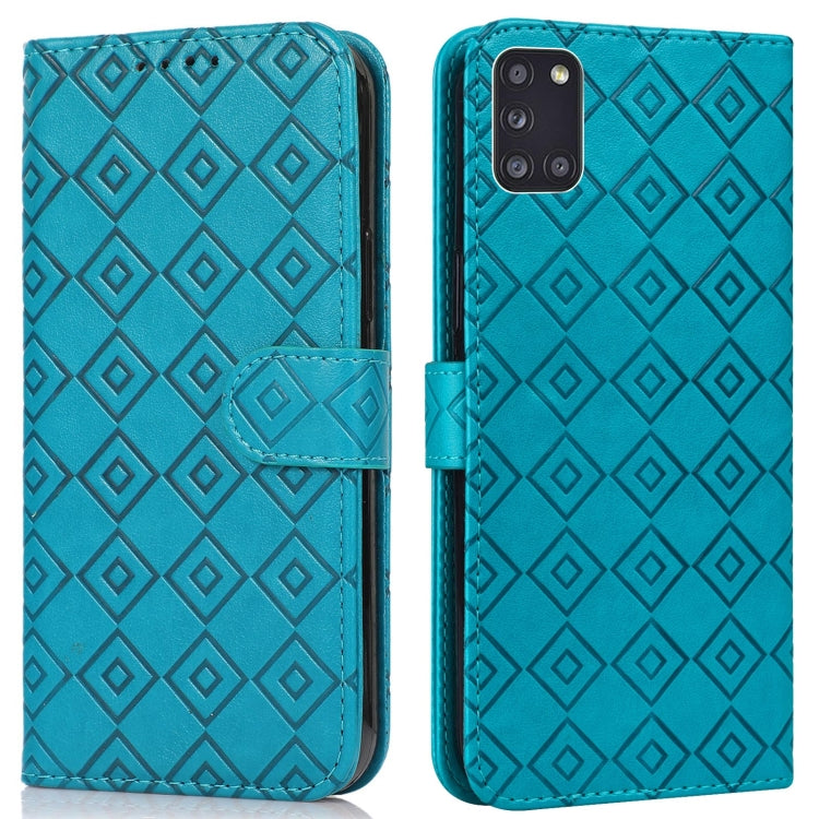 For Samsung Galaxy A31 Embossed Big Small Concentric Squares Pattern Horizontal Flip Leather Case with Card Slot & Holder & Wallet