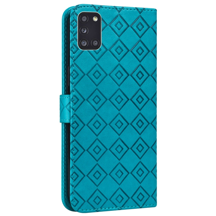 For Samsung Galaxy A31 Embossed Big Small Concentric Squares Pattern Horizontal Flip Leather Case with Card Slot & Holder & Wallet