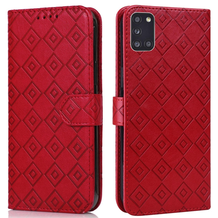For Samsung Galaxy A31 Embossed Big Small Concentric Squares Pattern Horizontal Flip Leather Case with Card Slot & Holder & Wallet