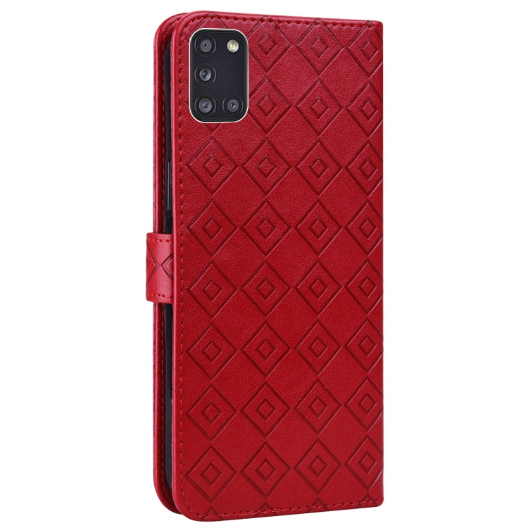 For Samsung Galaxy A31 Embossed Big Small Concentric Squares Pattern Horizontal Flip Leather Case with Card Slot & Holder & Wallet