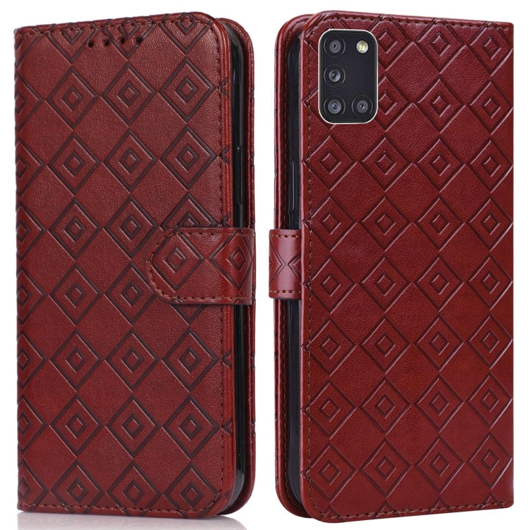 For Samsung Galaxy A31 Embossed Big Small Concentric Squares Pattern Horizontal Flip Leather Case with Card Slot & Holder & Wallet