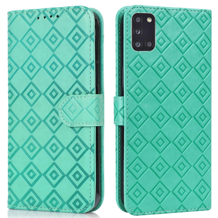 For Samsung Galaxy A31 Embossed Big Small Concentric Squares Pattern Horizontal Flip Leather Case with Card Slot & Holder & Wallet