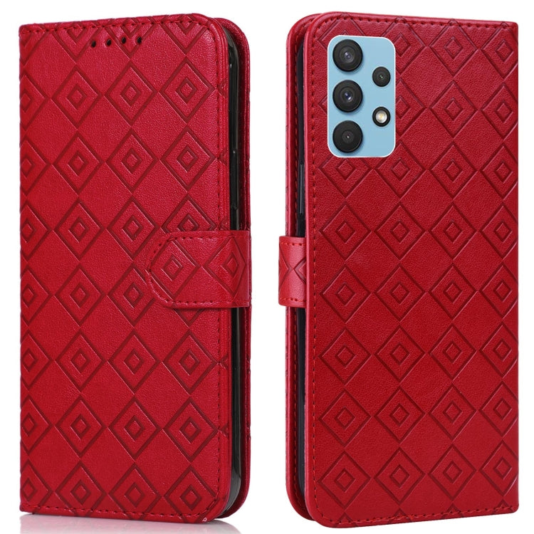 For Samsung Galaxy A32 4G Embossed Big Small Concentric Squares Pattern Horizontal Flip Leather Case with Card Slot & Holder & Wallet