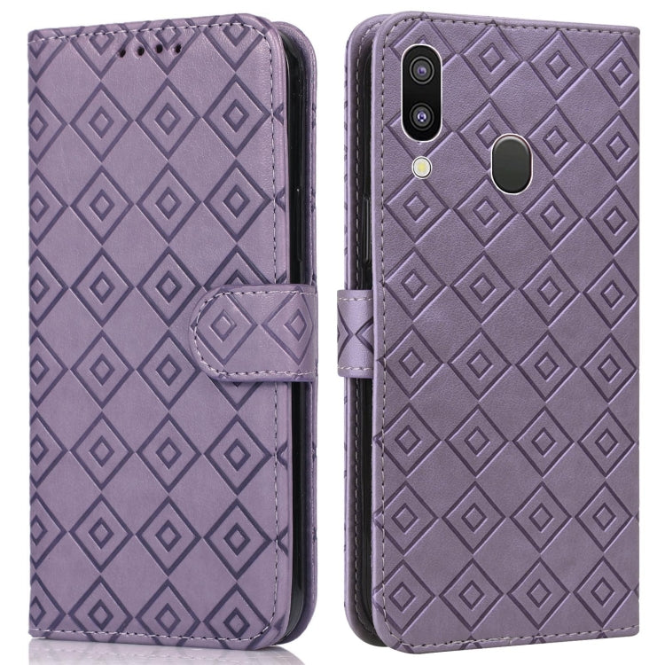 For Samsung Galaxy A40 Embossed Big Small Concentric Squares Pattern Horizontal Flip Leather Case with Card Slot & Holder & Wallet