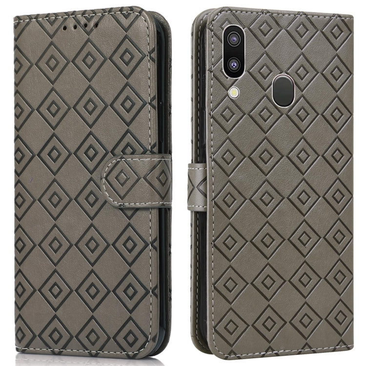For Samsung Galaxy A40 Embossed Big Small Concentric Squares Pattern Horizontal Flip Leather Case with Card Slot & Holder & Wallet