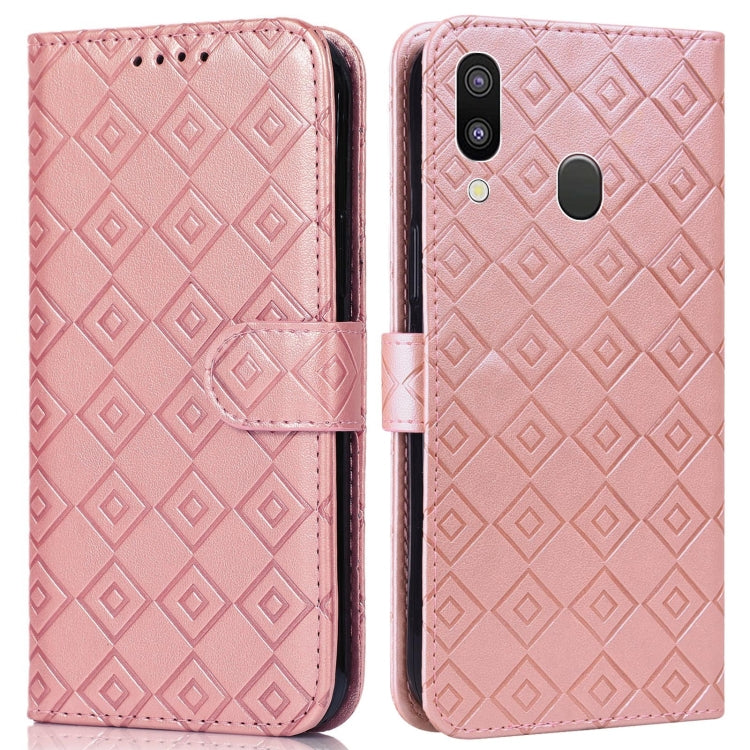 For Samsung Galaxy A40 Embossed Big Small Concentric Squares Pattern Horizontal Flip Leather Case with Card Slot & Holder & Wallet