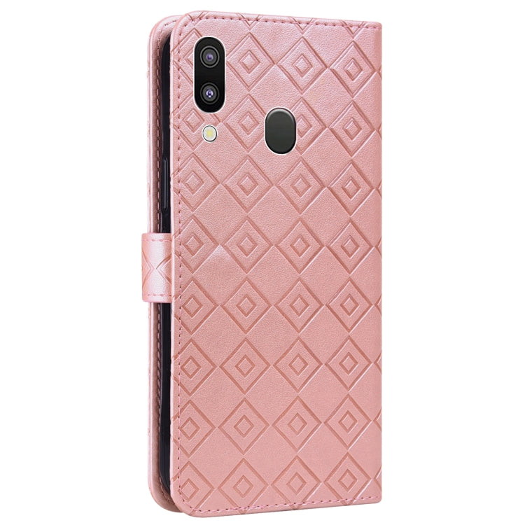 For Samsung Galaxy A40 Embossed Big Small Concentric Squares Pattern Horizontal Flip Leather Case with Card Slot & Holder & Wallet