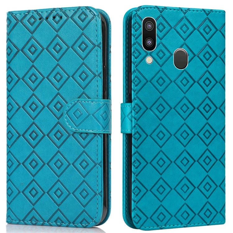 For Samsung Galaxy A40 Embossed Big Small Concentric Squares Pattern Horizontal Flip Leather Case with Card Slot & Holder & Wallet