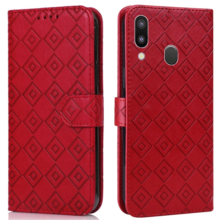 For Samsung Galaxy A40 Embossed Big Small Concentric Squares Pattern Horizontal Flip Leather Case with Card Slot & Holder & Wallet