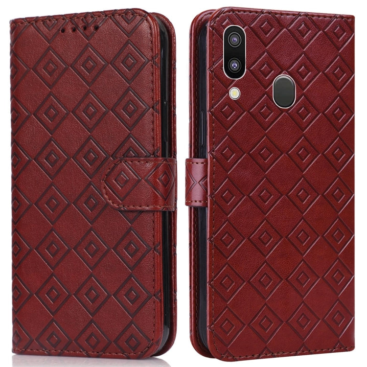 For Samsung Galaxy A40 Embossed Big Small Concentric Squares Pattern Horizontal Flip Leather Case with Card Slot & Holder & Wallet