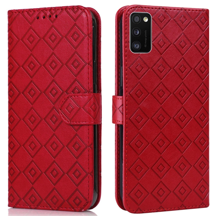 For Samsung Galaxy A41 Embossed Big Small Concentric Squares Pattern Horizontal Flip Leather Case with Card Slot & Holder & Wallet