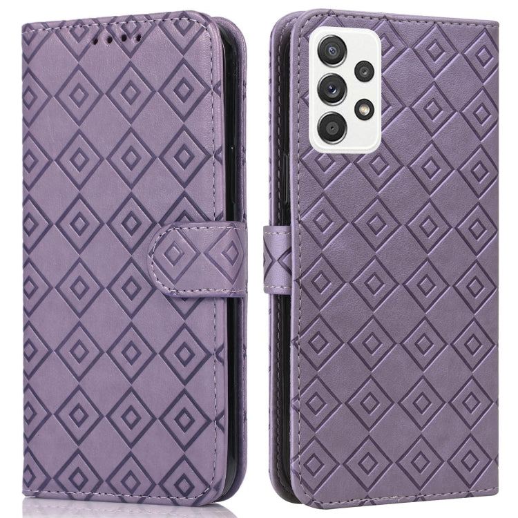 For Samsung Galaxy A52 5G Embossed Big Small Concentric Squares Pattern Horizontal Flip Leather Case with Card Slot & Holder & Wallet