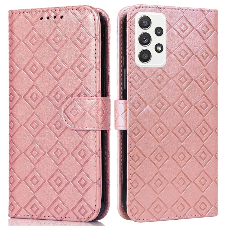 For Samsung Galaxy A52 5G Embossed Big Small Concentric Squares Pattern Horizontal Flip Leather Case with Card Slot & Holder & Wallet
