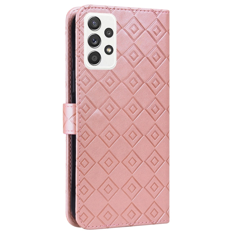 For Samsung Galaxy A52 5G Embossed Big Small Concentric Squares Pattern Horizontal Flip Leather Case with Card Slot & Holder & Wallet