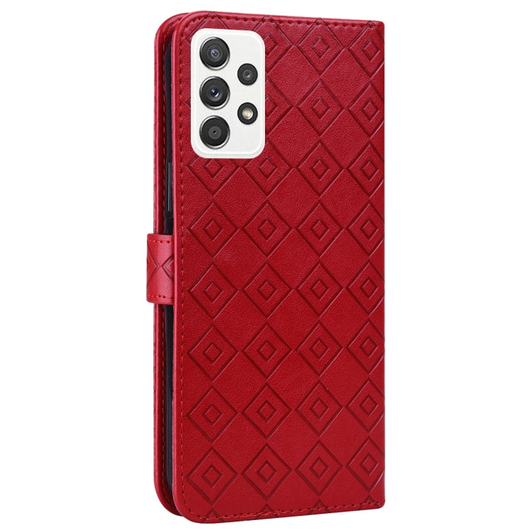 For Samsung Galaxy A52 5G Embossed Big Small Concentric Squares Pattern Horizontal Flip Leather Case with Card Slot & Holder & Wallet