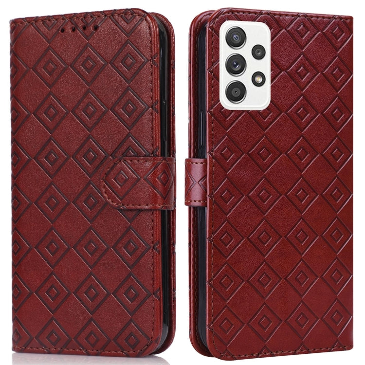 For Samsung Galaxy A52 5G Embossed Big Small Concentric Squares Pattern Horizontal Flip Leather Case with Card Slot & Holder & Wallet
