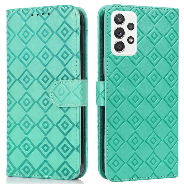 For Samsung Galaxy A52 5G Embossed Big Small Concentric Squares Pattern Horizontal Flip Leather Case with Card Slot & Holder & Wallet