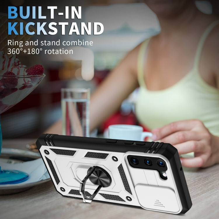 For Samsung Galaxy S21+ 5G Sliding Camera Cover Design TPU + PC Protective Case with 360 Degree Rotating Holder & Card Slot