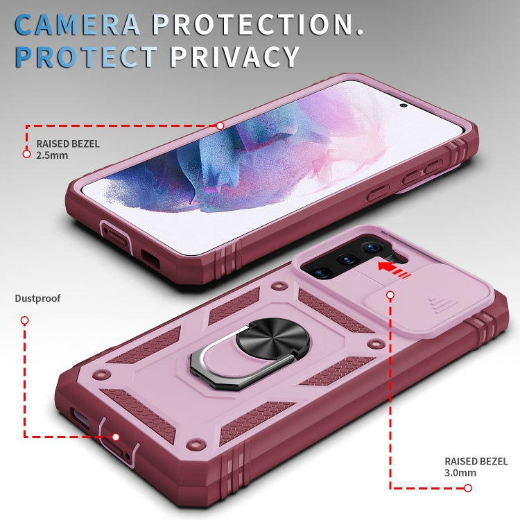 For Samsung Galaxy S21+ 5G Sliding Camera Cover Design TPU + PC Protective Case with 360 Degree Rotating Holder & Card Slot