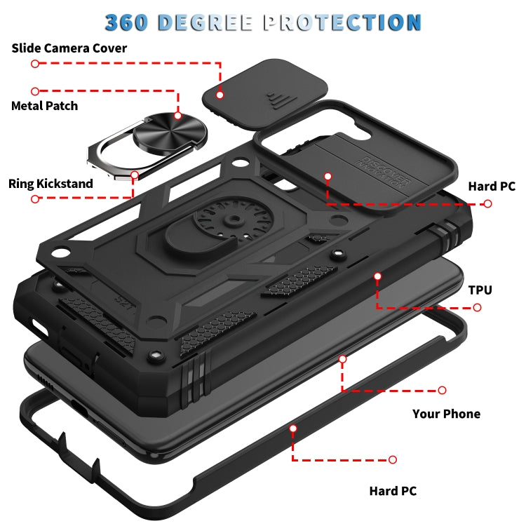 For Samsung Galaxy S21+ 5G Sliding Camera Cover Design TPU + PC Protective Case with 360 Degree Rotating Holder & Card Slot