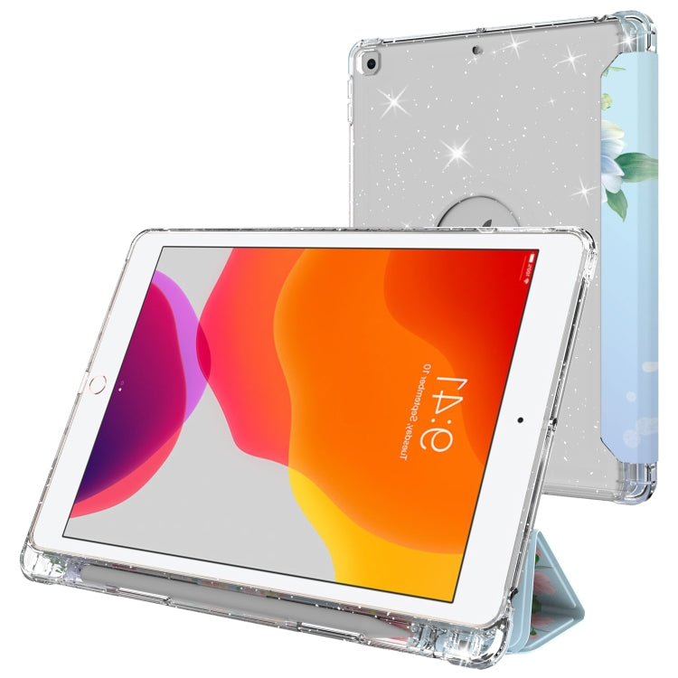 For iPad 10.2 2021 / 2020 / 2019 Painted Pattern Glitter Shockproof Horizontal Flip TPU + PU Leather Case with 3-folding Holder & Pen Slot
