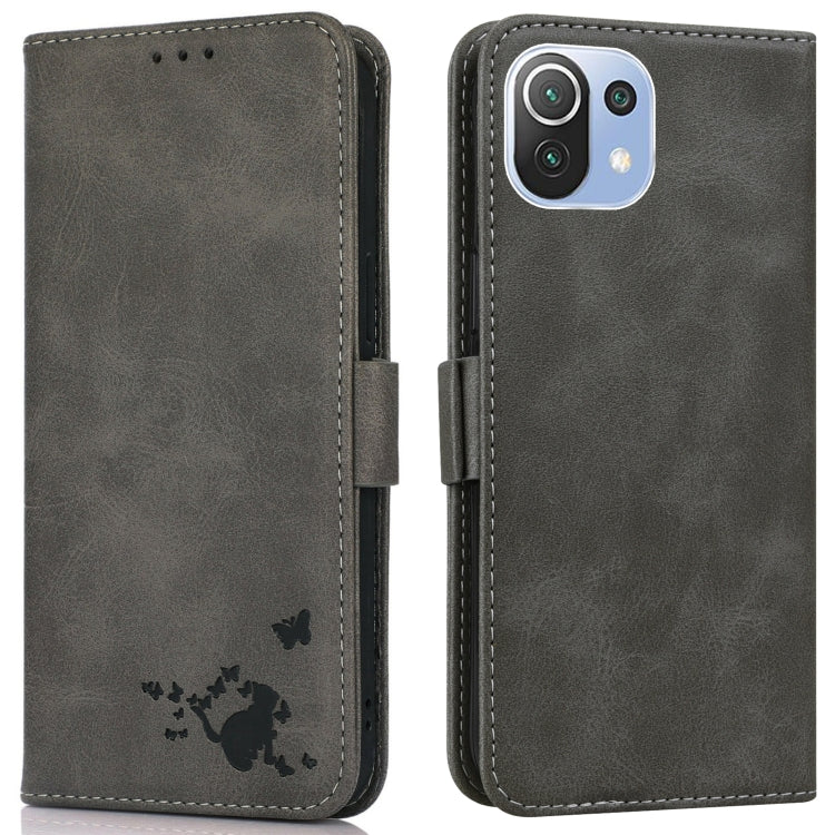 For Xiaomi Mi 11 Lite Embossed Cat Butterflies Pattern Horizontal Flip Leather Case with Card Slot & Holder & Wallet