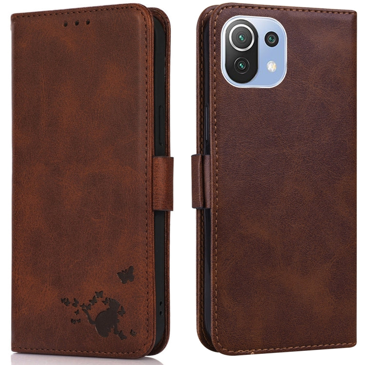 For Xiaomi Mi 11 Lite Embossed Cat Butterflies Pattern Horizontal Flip Leather Case with Card Slot & Holder & Wallet