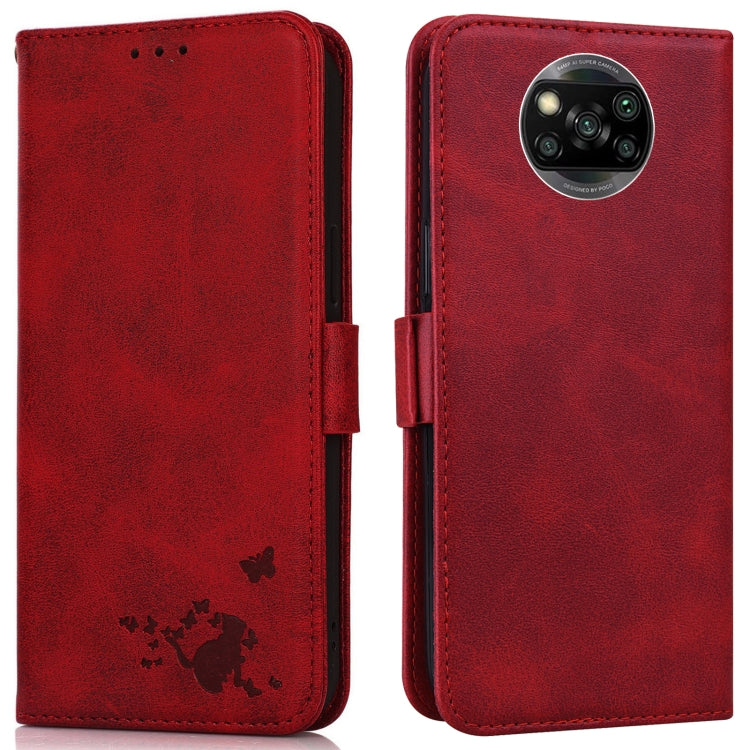 For Xiaomi Poco X3 NFC / X3 Embossed Cat Butterflies Pattern Horizontal Flip Leather Case with Card Slot & Holder & Wallet