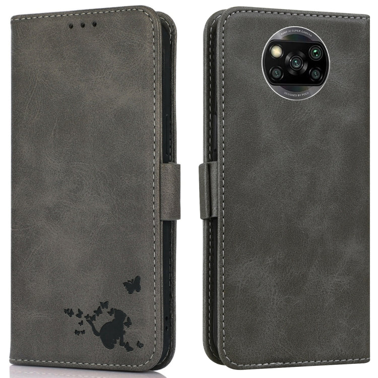 For Xiaomi Poco X3 NFC / X3 Embossed Cat Butterflies Pattern Horizontal Flip Leather Case with Card Slot & Holder & Wallet