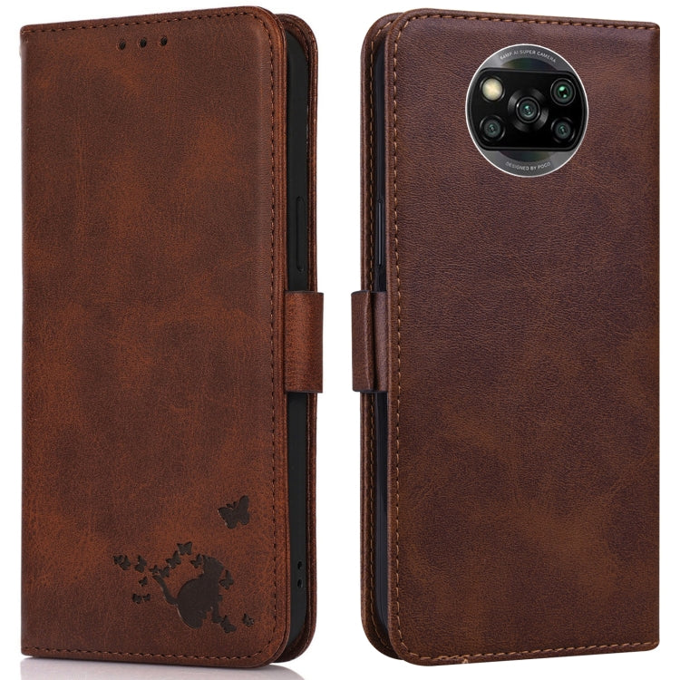 For Xiaomi Poco X3 NFC / X3 Embossed Cat Butterflies Pattern Horizontal Flip Leather Case with Card Slot & Holder & Wallet