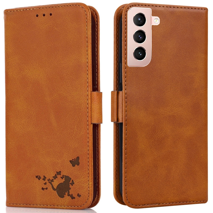 For Samsung Galaxy S21 5G Embossed Cat Butterflies Pattern Horizontal Flip Leather Case with Card Slot & Holder & Wallet
