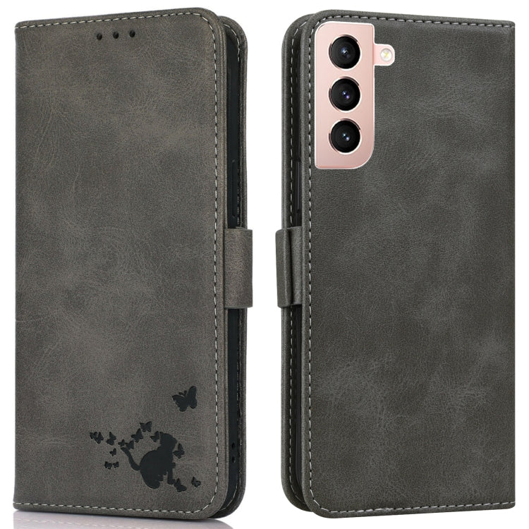 For Samsung Galaxy S21 5G Embossed Cat Butterflies Pattern Horizontal Flip Leather Case with Card Slot & Holder & Wallet