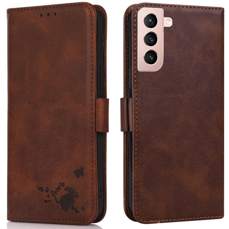 For Samsung Galaxy S21 5G Embossed Cat Butterflies Pattern Horizontal Flip Leather Case with Card Slot & Holder & Wallet