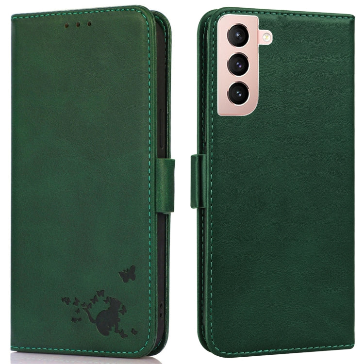 For Samsung Galaxy S21 5G Embossed Cat Butterflies Pattern Horizontal Flip Leather Case with Card Slot & Holder & Wallet