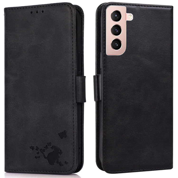 For Samsung Galaxy S21 5G Embossed Cat Butterflies Pattern Horizontal Flip Leather Case with Card Slot & Holder & Wallet