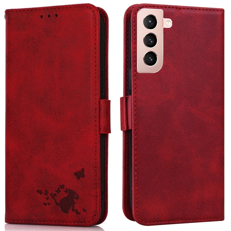 For Samsung Galaxy S21+ 5G Embossed Cat Butterflies Pattern Horizontal Flip Leather Case with Card Slot & Holder & Wallet