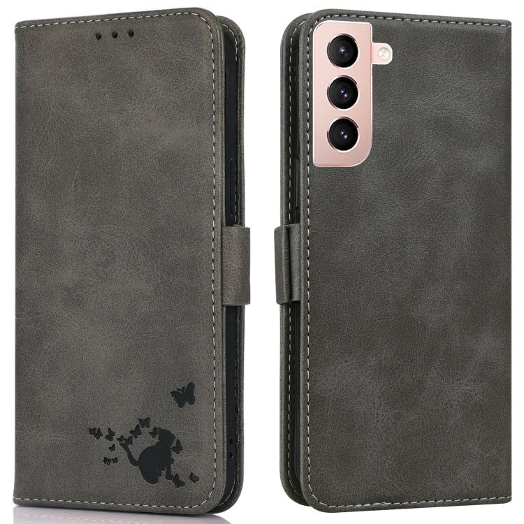 For Samsung Galaxy S21+ 5G Embossed Cat Butterflies Pattern Horizontal Flip Leather Case with Card Slot & Holder & Wallet