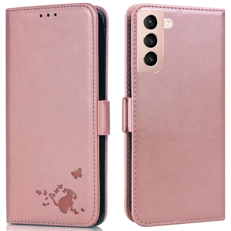 For Samsung Galaxy S21+ 5G Embossed Cat Butterflies Pattern Horizontal Flip Leather Case with Card Slot & Holder & Wallet