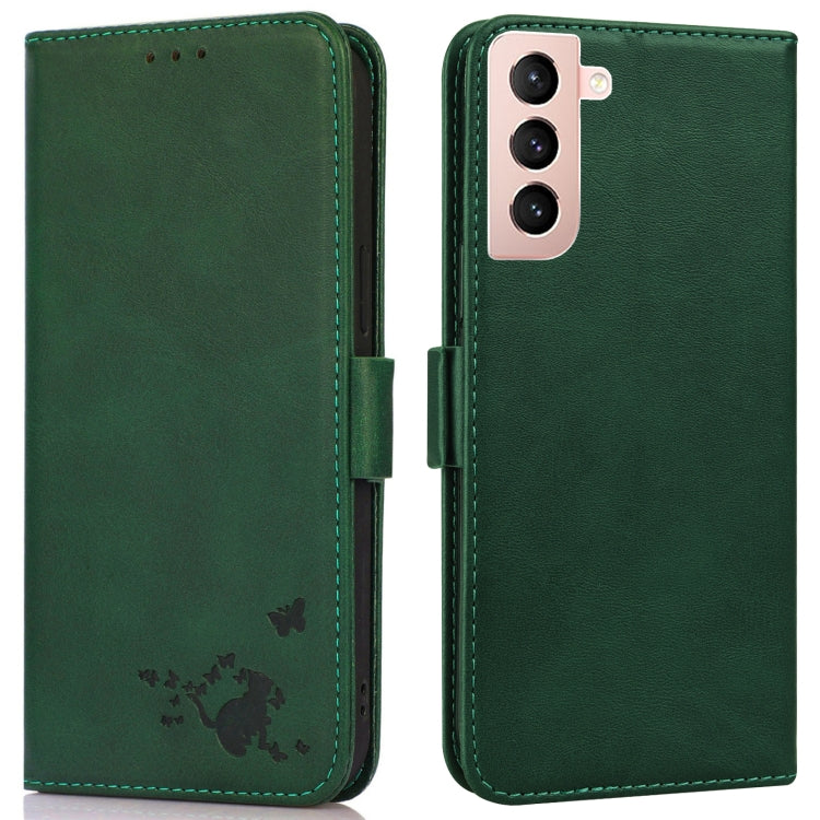 For Samsung Galaxy S21+ 5G Embossed Cat Butterflies Pattern Horizontal Flip Leather Case with Card Slot & Holder & Wallet