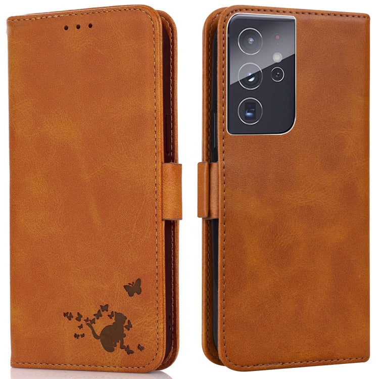 For Samsung Galaxy S21 Ultra 5G Embossed Cat Butterflies Pattern Horizontal Flip Leather Case with Card Slot & Holder & Wallet
