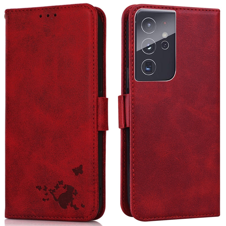 For Samsung Galaxy S21 Ultra 5G Embossed Cat Butterflies Pattern Horizontal Flip Leather Case with Card Slot & Holder & Wallet