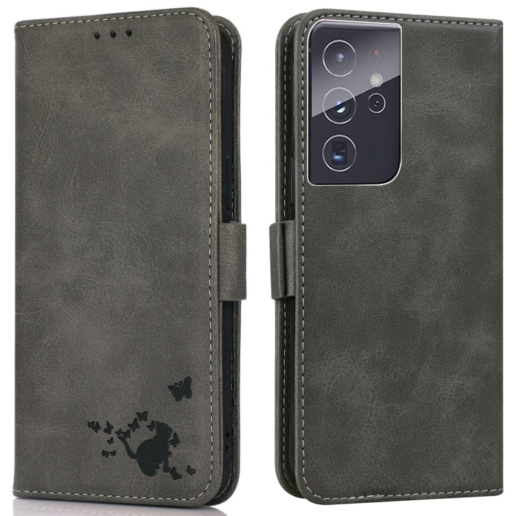 For Samsung Galaxy S21 Ultra 5G Embossed Cat Butterflies Pattern Horizontal Flip Leather Case with Card Slot & Holder & Wallet