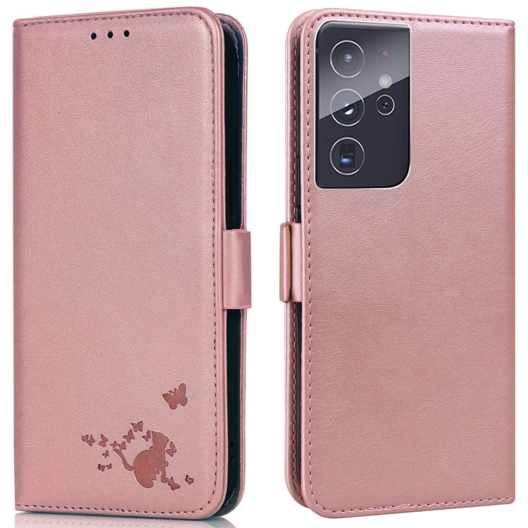 For Samsung Galaxy S21 Ultra 5G Embossed Cat Butterflies Pattern Horizontal Flip Leather Case with Card Slot & Holder & Wallet