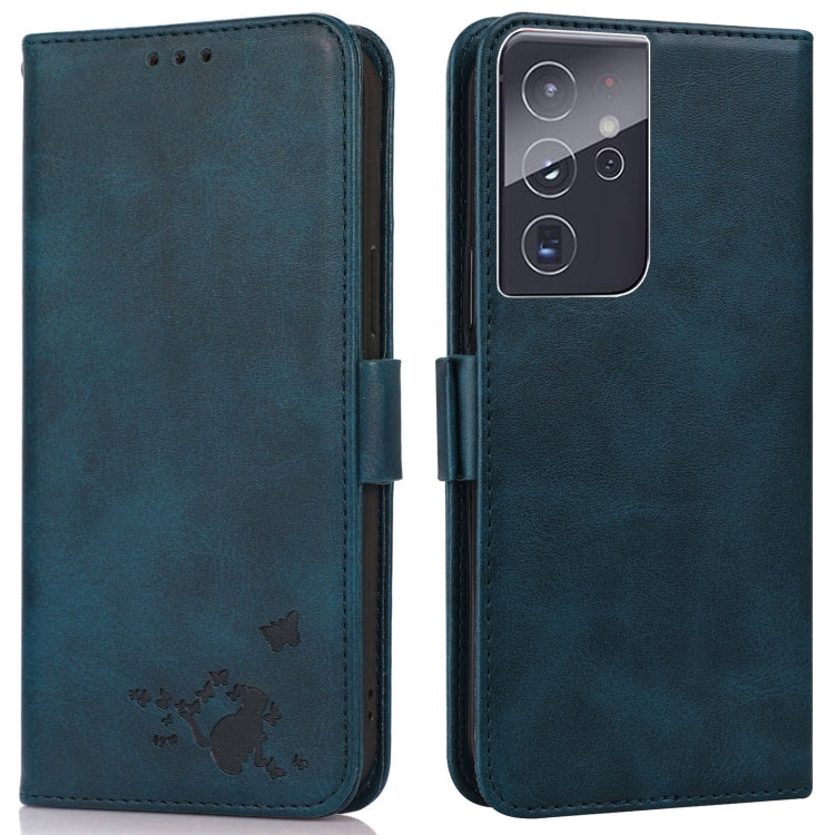 For Samsung Galaxy S21 Ultra 5G Embossed Cat Butterflies Pattern Horizontal Flip Leather Case with Card Slot & Holder & Wallet